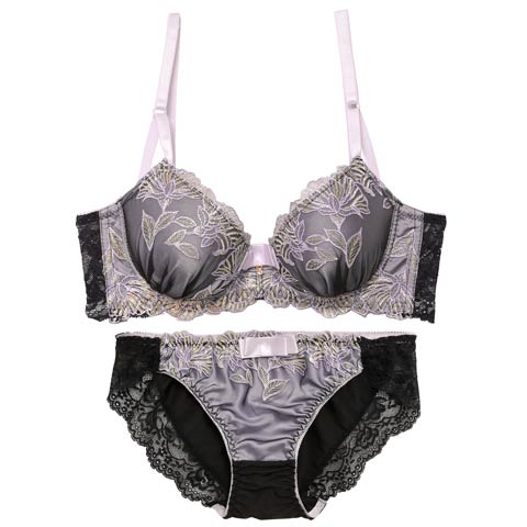 【三上悠亜着用】【EFサイズ】シックボタニカルフラワー育乳脇高ブラジャー&フルバックショーツ［大人気］(パープル-E70/ショーツM)