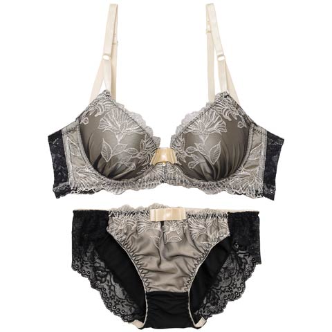 【三上悠亜着用】【EFサイズ】シックボタニカルフラワー育乳脇高ブラジャー&フルバックショーツ［大人気］(ゴールド-E70/ショーツM)