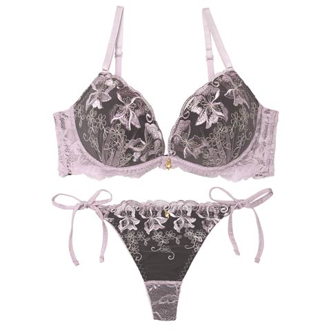 10/21再販!【かとゆり着用】エレガントフェアリーブルームブラジャー&サイド紐バック透けTバックショーツ［大人気］(パープル-A65/ショーツM)
