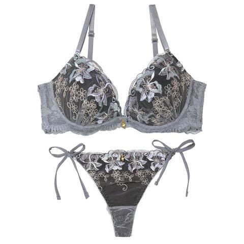 10/21再販!【かとゆり着用】エレガントフェアリーブルームブラジャー&サイド紐バック透けTバックショーツ［大人気］(ブルーグレー-A65/ショーツM)