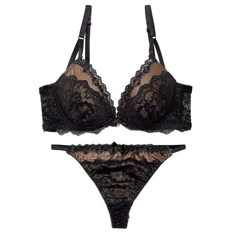 11/18再販!【EFサイズ】エレガンスシアーレース育乳脇高ブラジャー&バック透けTバックショーツ［大人気］(ブラック-E65/ショーツM)