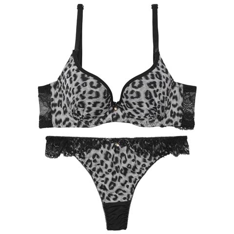 センシュアルレオパードレース育乳脇高ブラジャー&Tバックショーツ［激売れ］(グレー-A65/ショーツM)