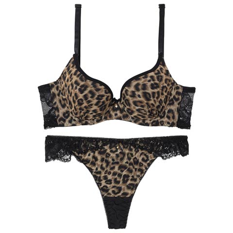 センシュアルレオパードレース育乳脇高ブラジャー&Tバックショーツ［激売れ］(ブラウン-A65/ショーツM)