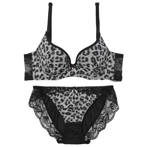 【EFサイズ】センシュアルレオパードレース育乳脇高ブラジャー&フルバックショーツ［大人気］［12H限定1］［週替］(グレー-E65/ショーツM)
