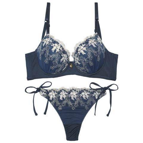 フルーレットガーデン育乳脇高ブラジャー&サイド紐Tバックショーツ［激売れ］(ネイビー-A65/ショーツM)