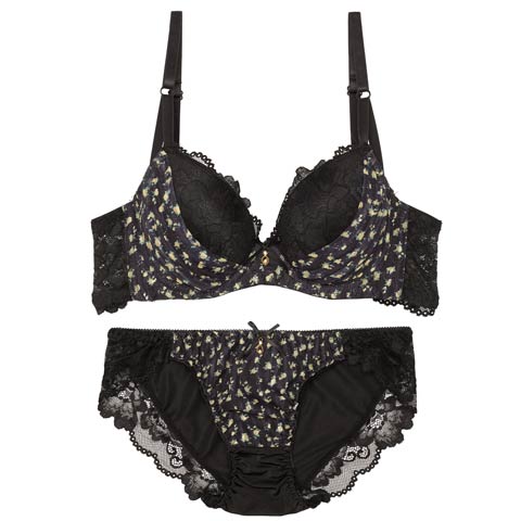 プティフラワーシフォン育乳脇高ブラジャー&フルバックショーツ［激売れ］［週替］[スーパーセール](ブラック-A70/ショーツM)