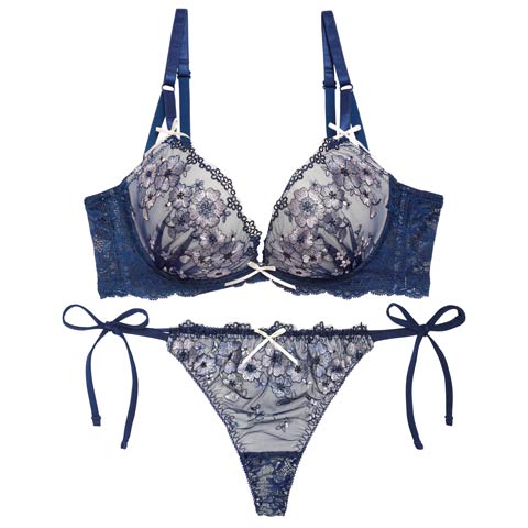 11/15再販!ダスティジュエルフラワー育乳脇高ブラジャー&サイド紐バック透けTバックショーツ［激売れ］(ネイビー-A65/ショーツM)