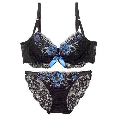 【三上悠亜着用】【EFサイズ】ラグジュアリーレースフルール育乳脇高ブラジャー&バック透けフルバックショーツ［大人気］［週替］(ブルー-E65/ショーツM)