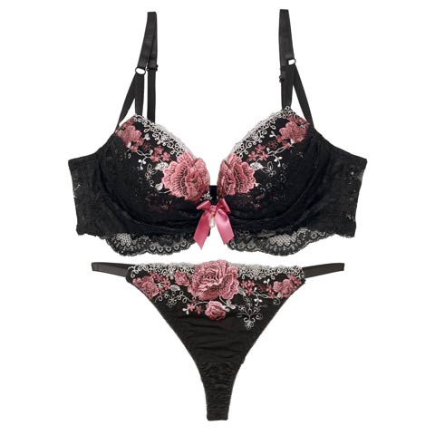 【三上悠亜着用】【EFサイズ】ラグジュアリーレースフルール育乳脇高ブラジャー&バック透けTバックショーツ［大人気］(ピンク-E65/ショーツM)