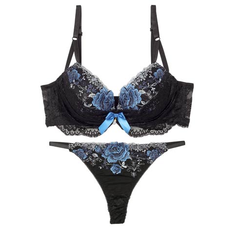 【三上悠亜着用】【EFサイズ】ラグジュアリーレースフルール育乳脇高ブラジャー&バック透けTバックショーツ［大人気］(ブルー-E65/ショーツM)