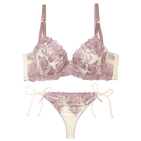 トゥインクルシアーフローラル育乳脇高ブラジャー&サイド紐バック透けTバックショーツ［激売れ］(パープル-A65/ショーツM)