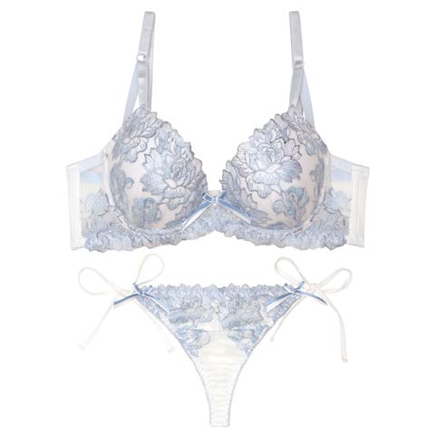 トゥインクルシアーフローラル育乳脇高ブラジャー&サイド紐バック透けTバックショーツ［激売れ］(ブルー-A65/ショーツM)