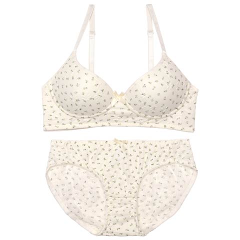 【ノンワイヤー】ピュアリーフラワーブラジャー&フルバックショーツ［激売れ］(ホワイト-M)