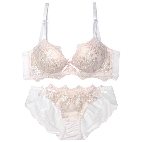 【EFサイズ】ダマスクリボンフルーレット育乳脇高ブラジャー&フルバックショーツ［大人気］(ピンク-E70/ショーツM)