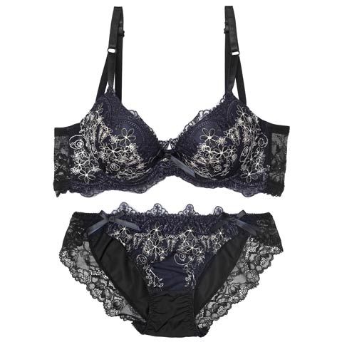 【EFサイズ】ダマスクリボンフルーレット育乳脇高ブラジャー&フルバックショーツ［大人気］(ネイビー-E70/ショーツM)