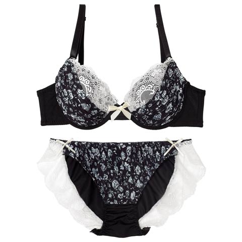 【ノンワイヤー】ギャザーアンティークローズブラジャー&フルバックショーツ［激売れ］(ブラック-M)