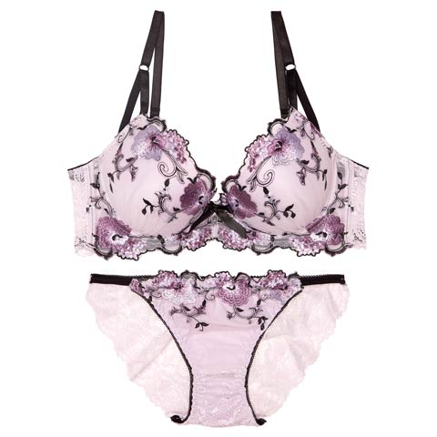 【12月頃再入荷決定★只今リクエスト募集中】【三上悠亜着用】【EFサイズ】フローラルミューズ育乳脇高ブラジャー&バック透けフルバックショーツ［大人気］(パープル-E65/ショーツM)