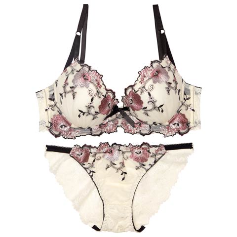 【12月頃再入荷決定★只今リクエスト募集中】【三上悠亜着用】【EFサイズ】フローラルミューズ育乳脇高ブラジャー&バック透けフルバックショーツ［大人気］(クリーム-E65/ショーツM)