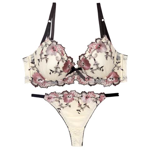 【12月頃再入荷決定★只今リクエスト募集中】【三上悠亜着用】【EFサイズ】フローラルミューズ育乳脇高ブラジャー&バック透けTバックショーツ［大人気］(クリーム-E65/ショーツM)