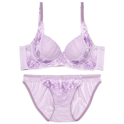 プリーツチュールエンブロイダリー育乳脇高ブラジャー&フルバックショーツ［激売れ］(パープル-A70/ショーツM)