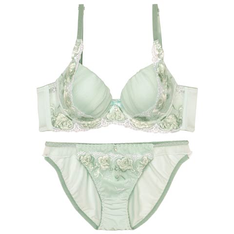 プリーツチュールエンブロイダリー育乳脇高ブラジャー&フルバックショーツ［激売れ］(グリーン-A70/ショーツM)
