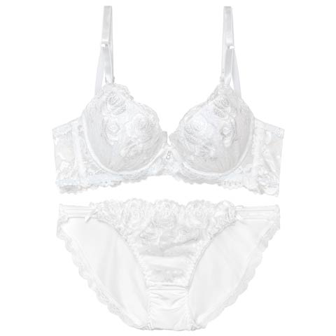 【EFサイズ】エレガントモダンローズ育乳脇高ブラジャー&フルバックショーツ［大人気］(ホワイト-E70/ショーツM)