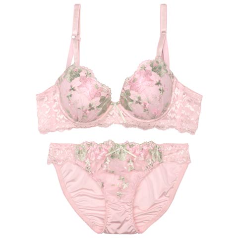 【EFサイズ】フェミニンロマンスブルーム育乳脇高ブラジャー&フルバックショーツ［大人気］(ピンク-E70/ショーツM)