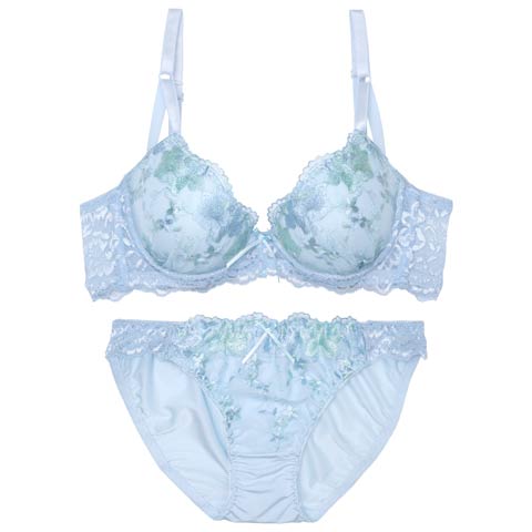 【EFサイズ】フェミニンロマンスブルーム育乳脇高ブラジャー&フルバックショーツ［大人気］(ブルー-E70/ショーツM)