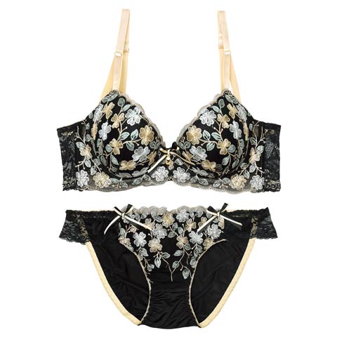 ミニョンフルールリボン育乳脇高ブラジャー&フルバックショーツ［激売れ］［12H限定1］(ブラック-A70/ショーツM)