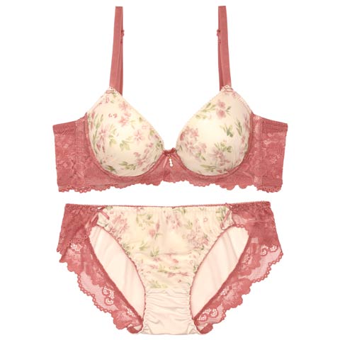 クラシック水彩フルーロン育乳脇高ブラジャー&フルバックショーツ［激売れ］(ピンク-A70/ショーツM)