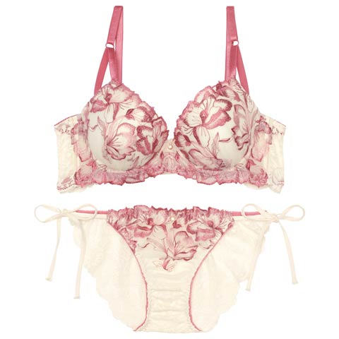 10/18再販!【EFサイズ】アロマティックフラワー育乳脇高ブラジャー&サイド紐バック透けフルバックショーツ［大人気］(ピンク-E65/ショーツM)
