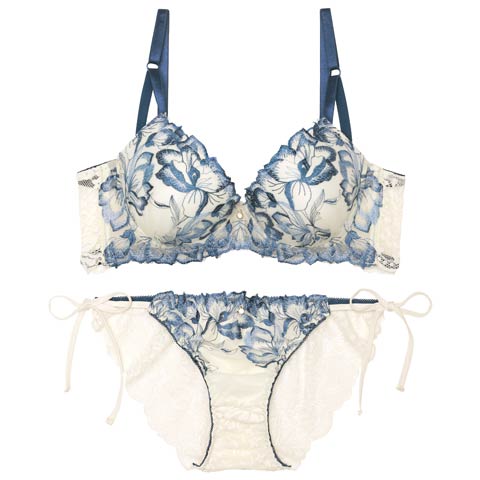 10/18再販!【EFサイズ】アロマティックフラワー育乳脇高ブラジャー&サイド紐バック透けフルバックショーツ［大人気］(ブルー-E65/ショーツM)