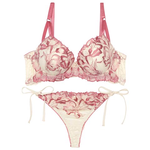 10/18再販!【EFサイズ】アロマティックフラワー育乳脇高ブラジャー&サイド紐バック透けTバックショーツ［大人気］(ピンク-E65/ショーツM)