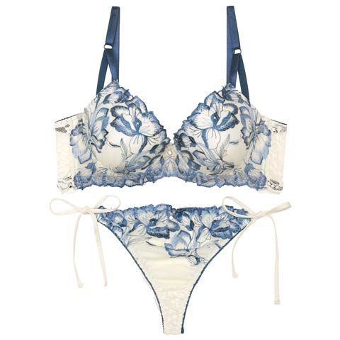 10/18再販!【EFサイズ】アロマティックフラワー育乳脇高ブラジャー&サイド紐バック透けTバックショーツ［大人気］(ブルー-E65/ショーツM)