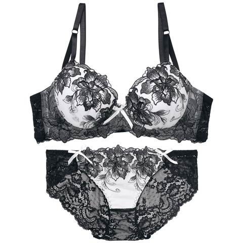 【12月頃再入荷決定★只今リクエスト募集中】【三上悠亜着用】ロイヤルラメフラワー育乳脇高ブラジャー&バック透けフルバックショーツ［激売れ］(ブラック-A65/ショーツM)