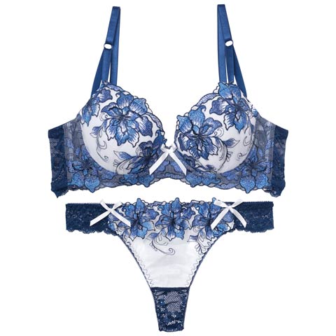 【三上悠亜着用】ロイヤルラメフラワー育乳脇高ブラジャー&バック透けTバックショーツ［激売れ］(ブルー-A65/ショーツM)