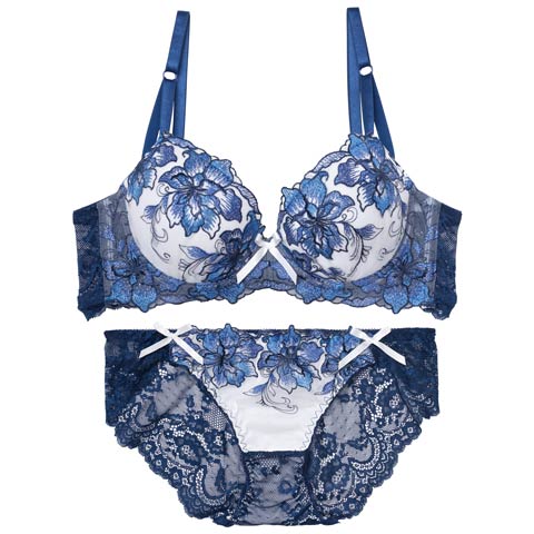 【12月頃再入荷決定★只今リクエスト募集中】【三上悠亜着用】【EFサイズ】ロイヤルラメフラワー育乳脇高ブラジャー&バック透けフルバックショーツ［大人気］(ブルー-E65/ショーツM)