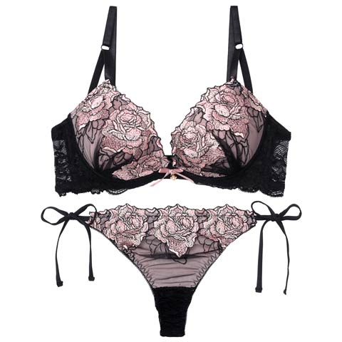 【三上悠亜着用】セレーナローズエンブロイダリー育乳脇高ブラジャー&サイド紐バック透けTバックショーツ［激売れ］(ピンク-A65/ショーツM)