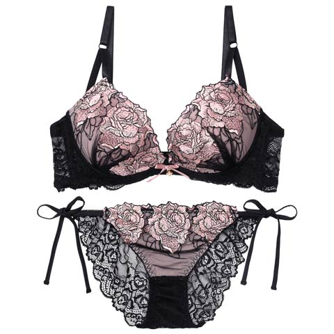【三上悠亜着用】【EFサイズ】セレーナローズエンブロイダリー育乳脇高ブラジャー&サイド紐バック透けフルバックショーツ［大人気］(ピンク-E65/ショーツM)
