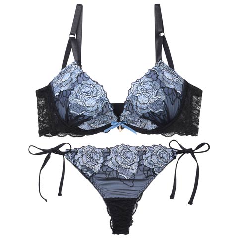 【三上悠亜着用】【EFサイズ】セレーナローズエンブロイダリー育乳脇高ブラジャー&サイド紐バック透けTバックショーツ［大人気］(ブルー-E65/ショーツM)