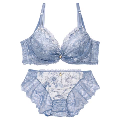 【12月頃再入荷決定★只今リクエスト募集中】ブロッサムギャザーレース育乳脇高ブラジャー&バック透けフルバックショーツ［激売れ］(ブルー-A65/ショーツM)