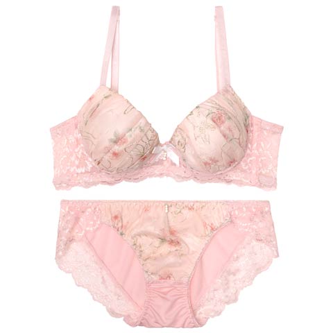 10/4再販!フェミニンギャザーフルール育乳脇高ブラジャー&フルバックショーツ［激売れ］(ピンク-A70/ショーツM)