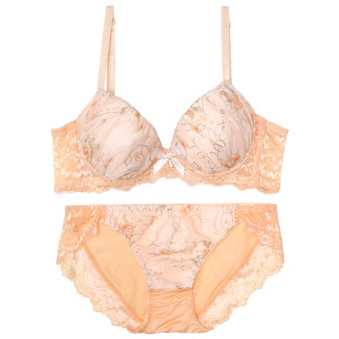 10/4再販!フェミニンギャザーフルール育乳脇高ブラジャー&フルバックショーツ［激売れ］(オレンジ-A70/ショーツM)