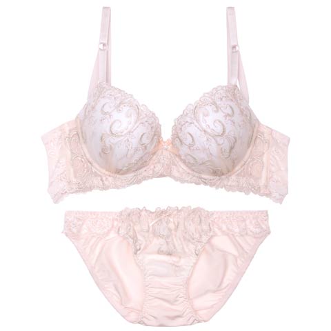 10/4再販!パステルガーリーアラベスク育乳脇高ブラジャー&フルバックショーツ［激売れ］(ピンク-A70/ショーツM)