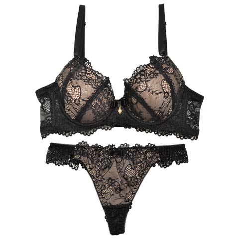 10/1再販!【EFサイズ】ヌーディーレース育乳脇高ブラジャー&バック透けTバックショーツ［大人気］(ブラック-E65/ショーツM)