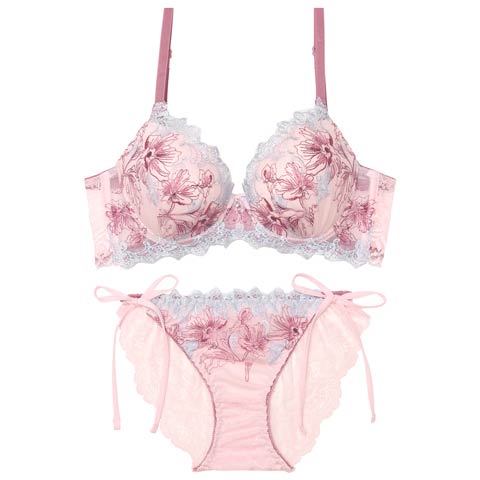 11/5新作!フェアリーアネモネブルーム育乳脇高ブラジャー&サイド紐バック透けフルバックショーツ［激売れ］(ピンク-A65/ショーツM)