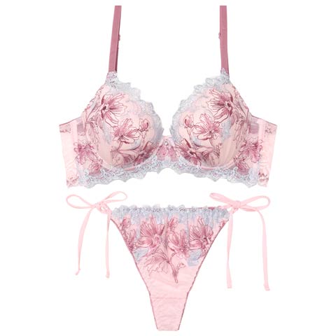 11/5新作!【EFサイズ】フェアリーアネモネブルーム育乳脇高ブラジャー&サイド紐バック透けTバックショーツ［大人気］(ピンク-E65/ショーツM)