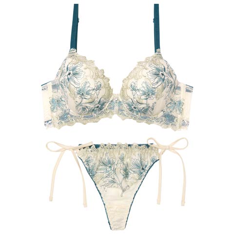 11/5新作!【EFサイズ】フェアリーアネモネブルーム育乳脇高ブラジャー&サイド紐バック透けTバックショーツ［大人気］(オフホワイト-E65/ショーツM)