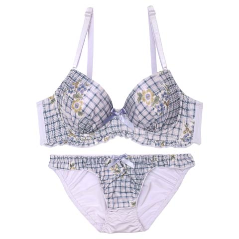 10/7再販!フルーレットチェックフリルブラジャー&フルバックショーツ［激売れ］［12H限定1］(ブルー-A70/ショーツM)