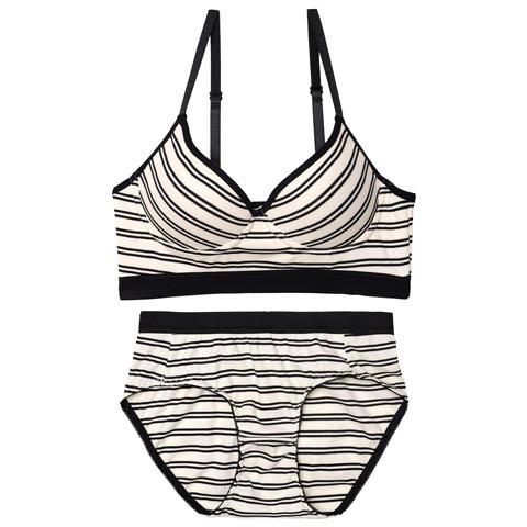 【ノンワイヤー】ストレッチリブボーダーブラジャー&フルバックショーツ［激売れ］(ホワイト-M)